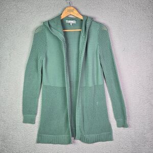 Marled Hooded Cardigan Green S Open Front Lightweight Knit Casual
